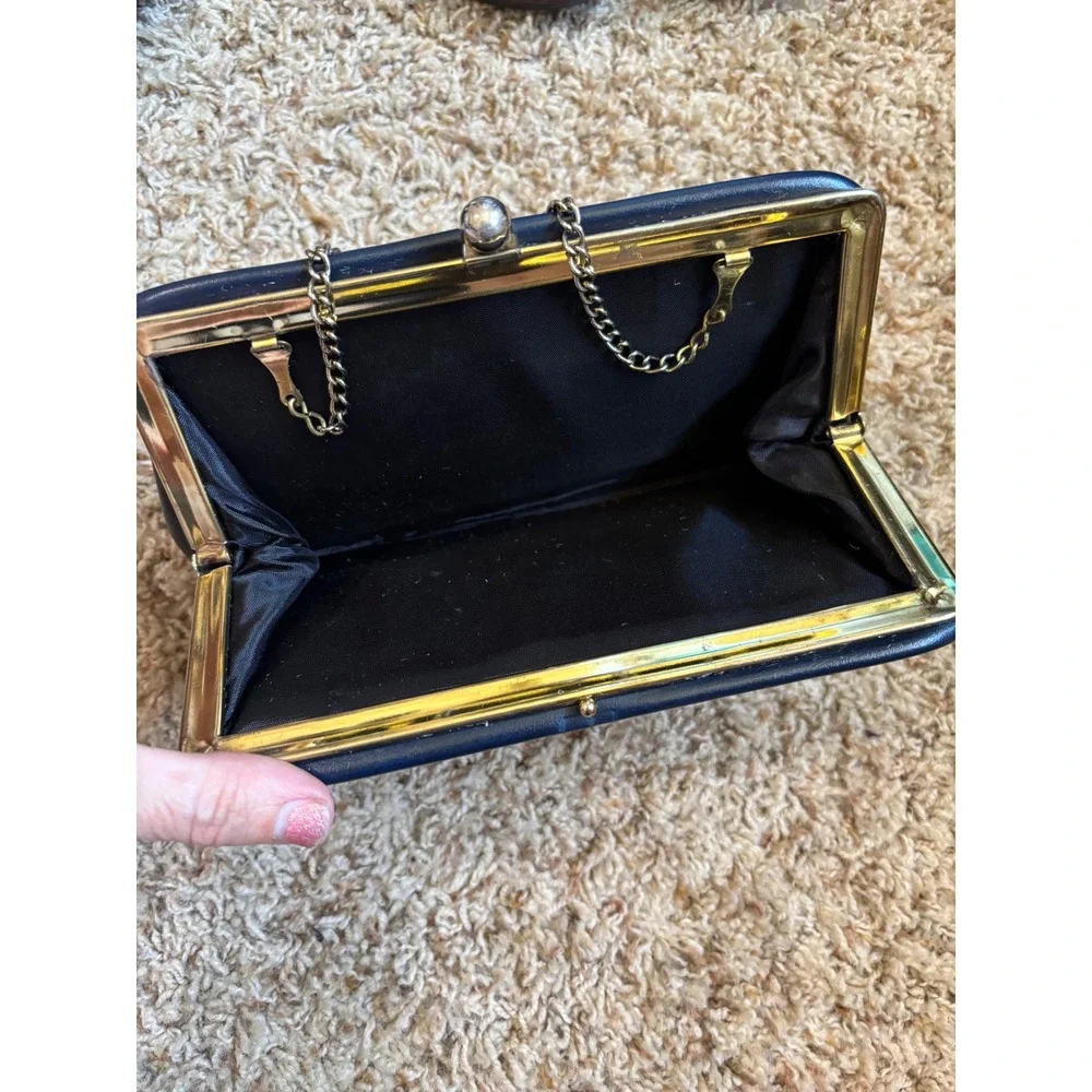 Vintage Clutch Purse Small Navy Blue Faux Leather Kiss Lock Chain Strap 1960s